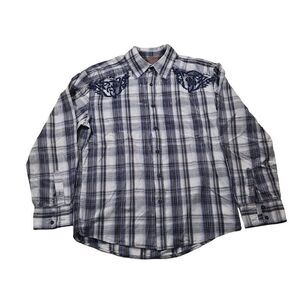 Roar Plaid Button Up Shirt Men Sz L Embroidered Blue Gray Designer